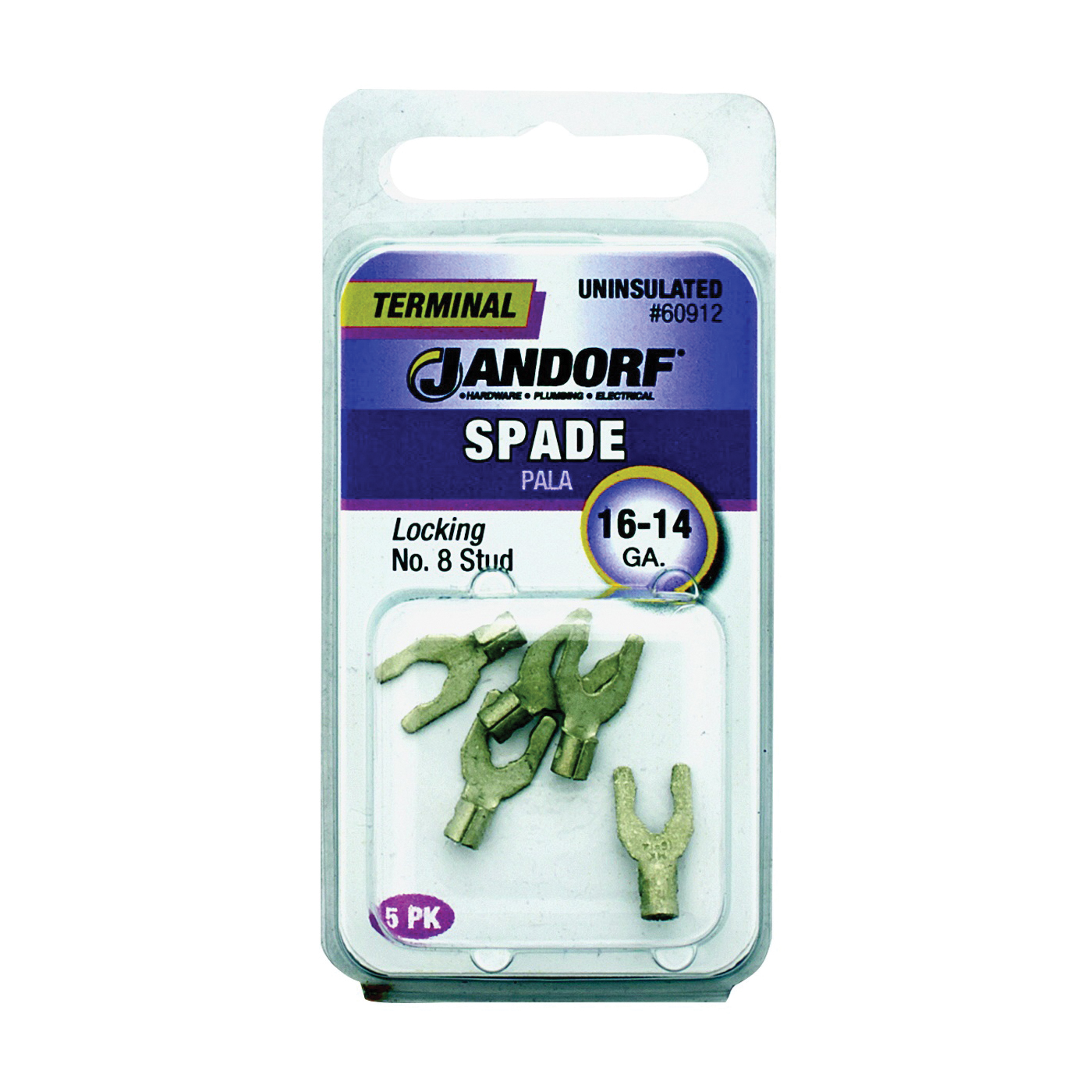 JANDORF® 60912 Non-Insulated Locking Spade Terminal, 600 V, 16 to 14 AWG Wire, #8 Stud, Copper Contact