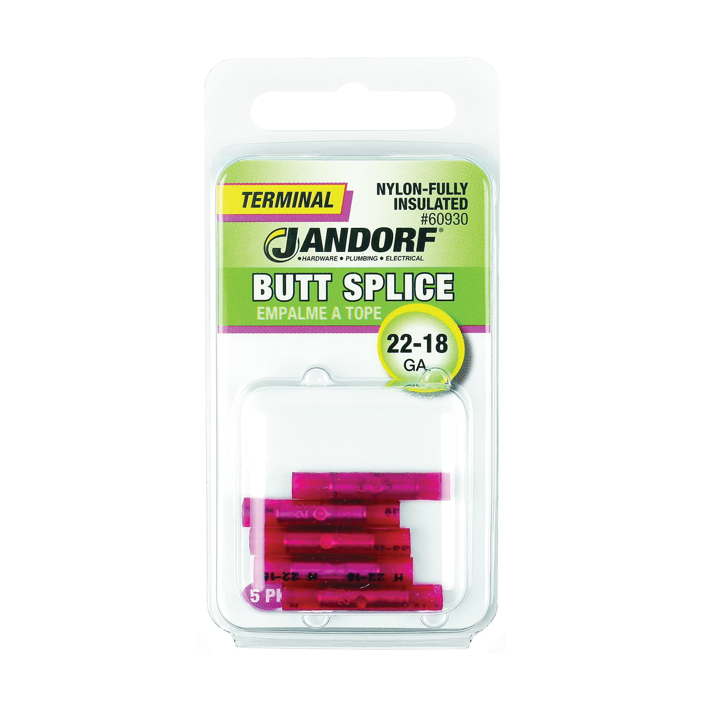 60930 Butt Splice Connector, 22 to 18 AWG Wire, Nylon Insulation, Red