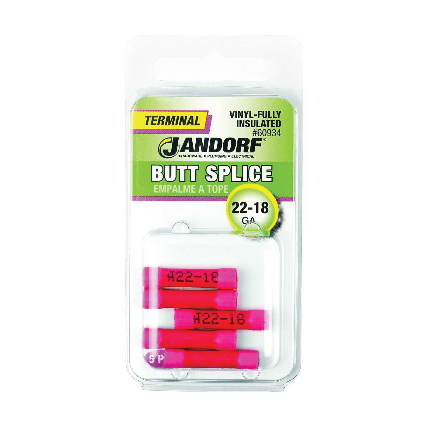 60934 Butt Splice Connector, 22 to 18 AWG Wire, Vinyl Insulation, Red