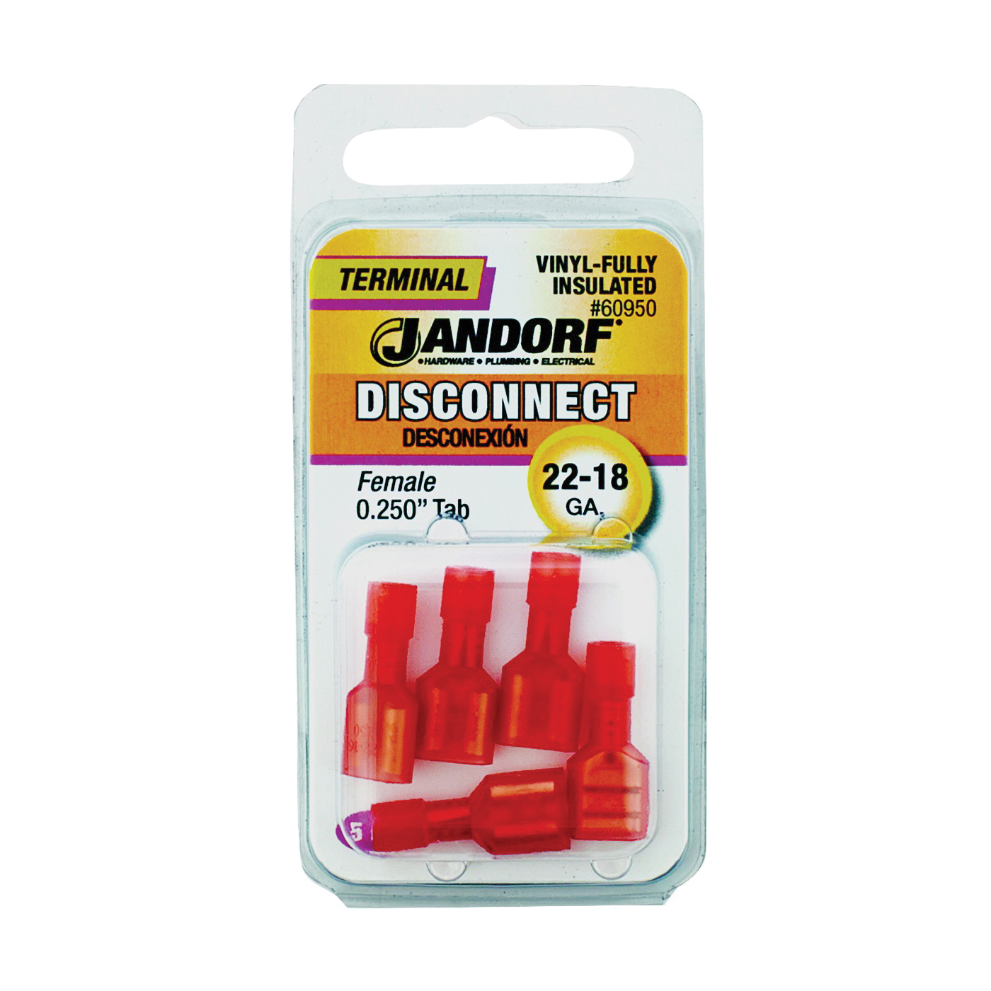 60950 Disconnect Terminal, 22 to 18 AWG Wire, Vinyl Insulation, Copper Contact, Red