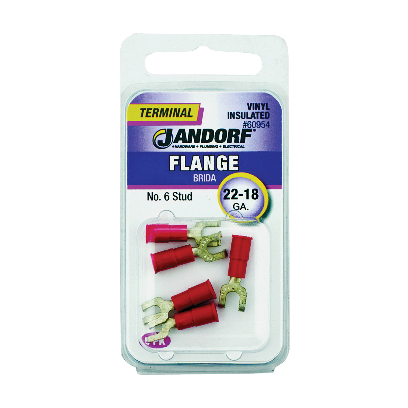 JANDORF® 60954 Flanged Spade Terminal, 22 to 18 AWG Wire, #6 Stud, Vinyl Insulation, Copper Contact, Red