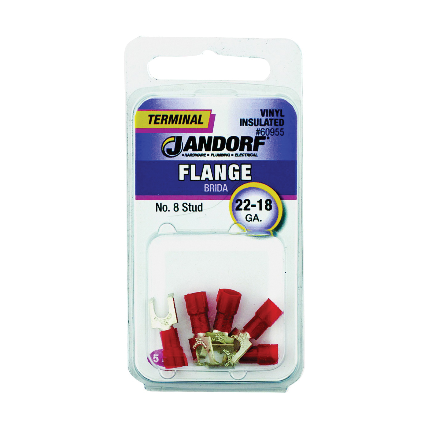 JANDORF® 60955 Flanged Spade Terminal, 22 to 18 AWG Wire, #8 Stud, Vinyl Insulation, Copper Contact, Red