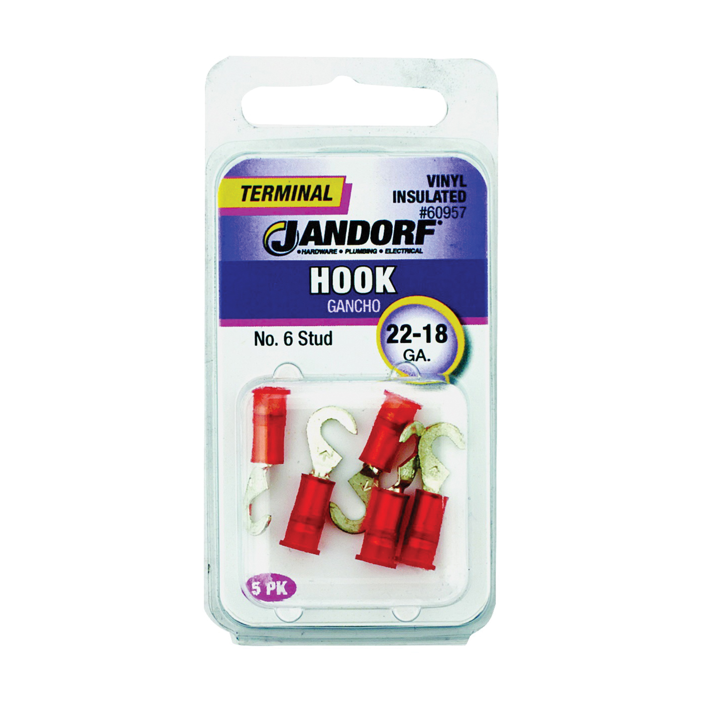 JANDORF® 60957 Hook Terminal, 22 to 18 AWG Wire, #6 Stud, Vinyl Insulation, Copper Contact, Red