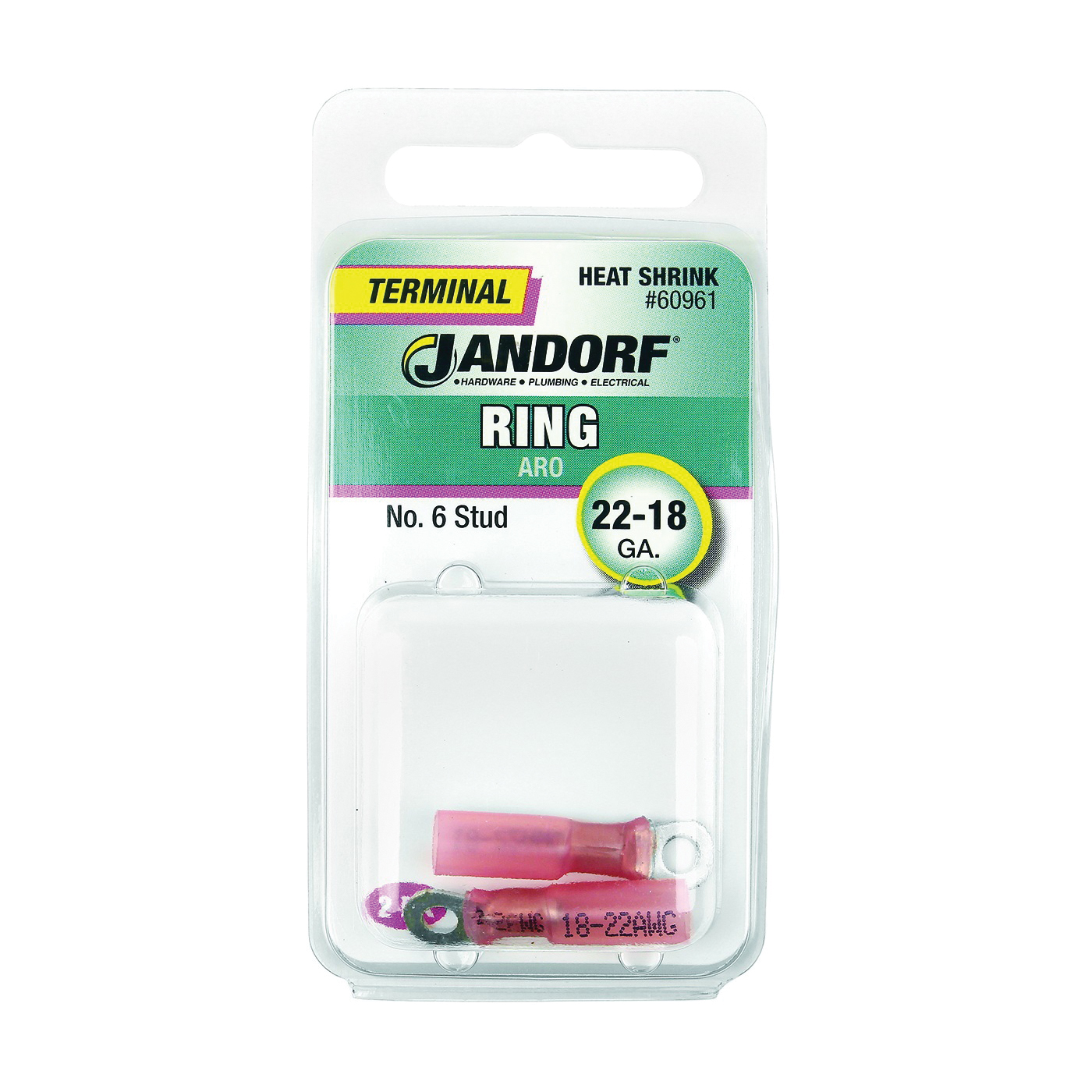 JANDORF® 60961 Heat-Shrink Ring Terminal, 22 to 18 AWG Wire, #6 Stud, Copper Contact, Red