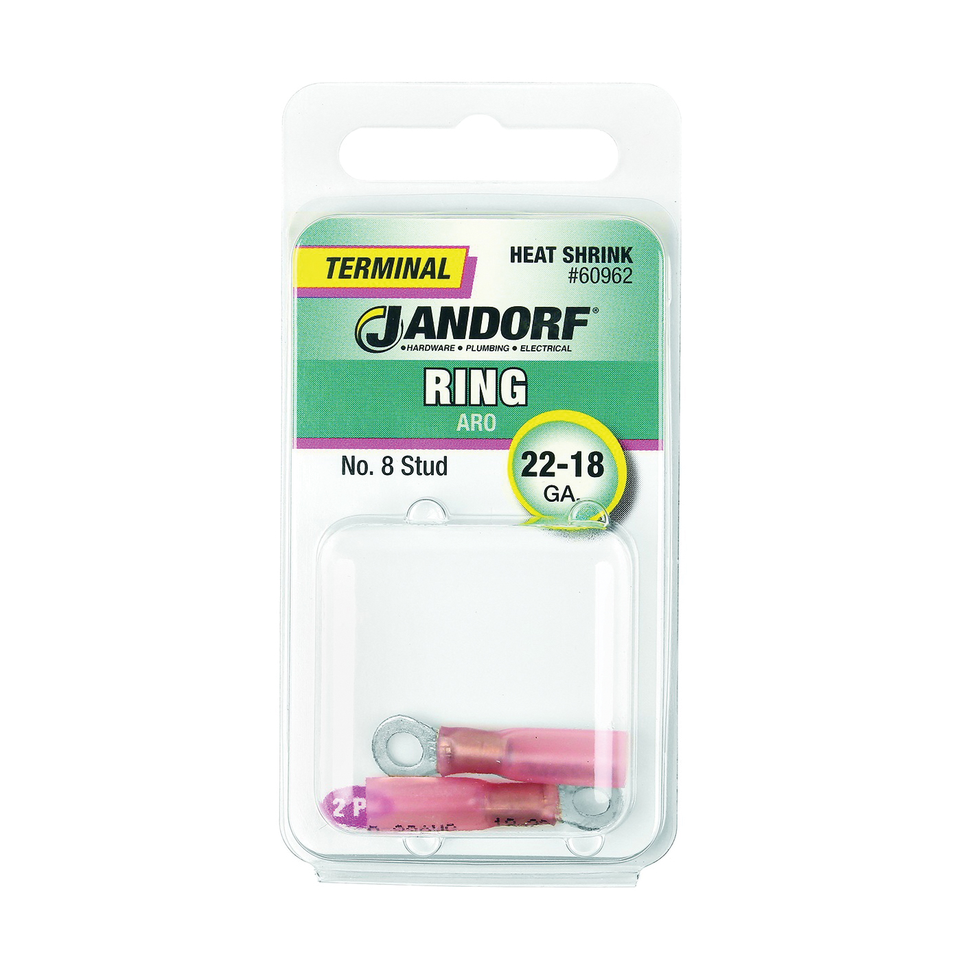 JANDORF® 60962 Heat-Shrink Ring Terminal, 22 to 18 AWG Wire, #8 Stud, Copper Contact, Red