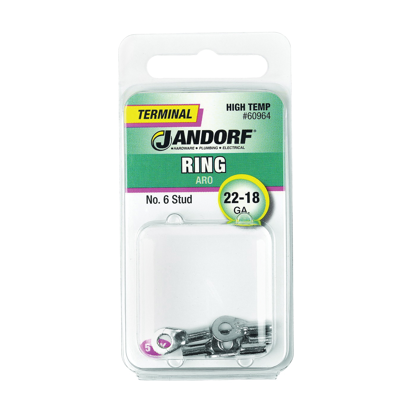 JANDORF® 60964 High-Temperature Ring Terminal, 22 to 18 AWG Wire, #6 Stud, Copper Contact, Red