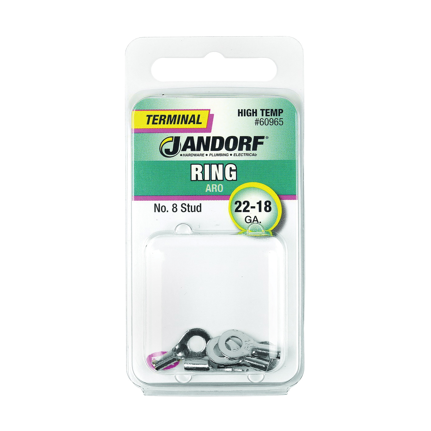 JANDORF® 60965 High-Temperature Ring Terminal, 22 to 18 AWG Wire, #8 Stud, Copper Contact, Red
