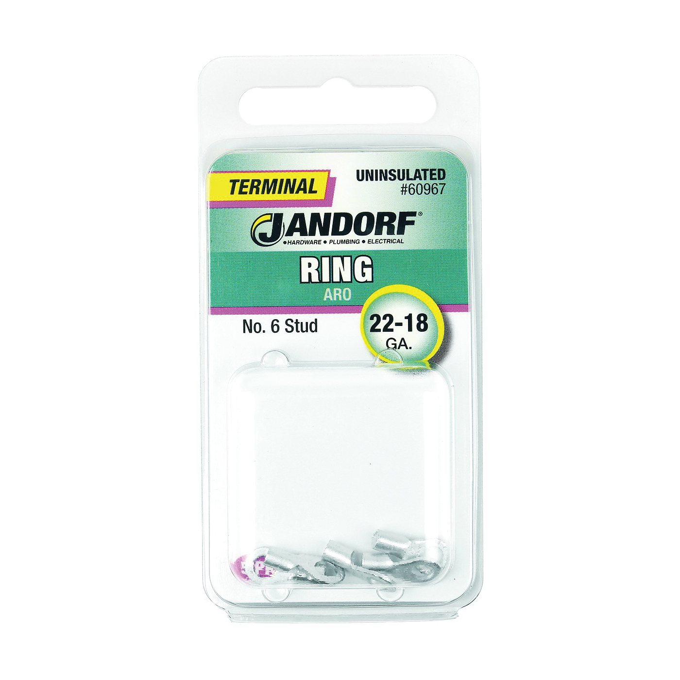 JANDORF® 60967 Non-Insulated Ring Terminal, 22 to 18 AWG Wire, #6 Stud, Copper Contact