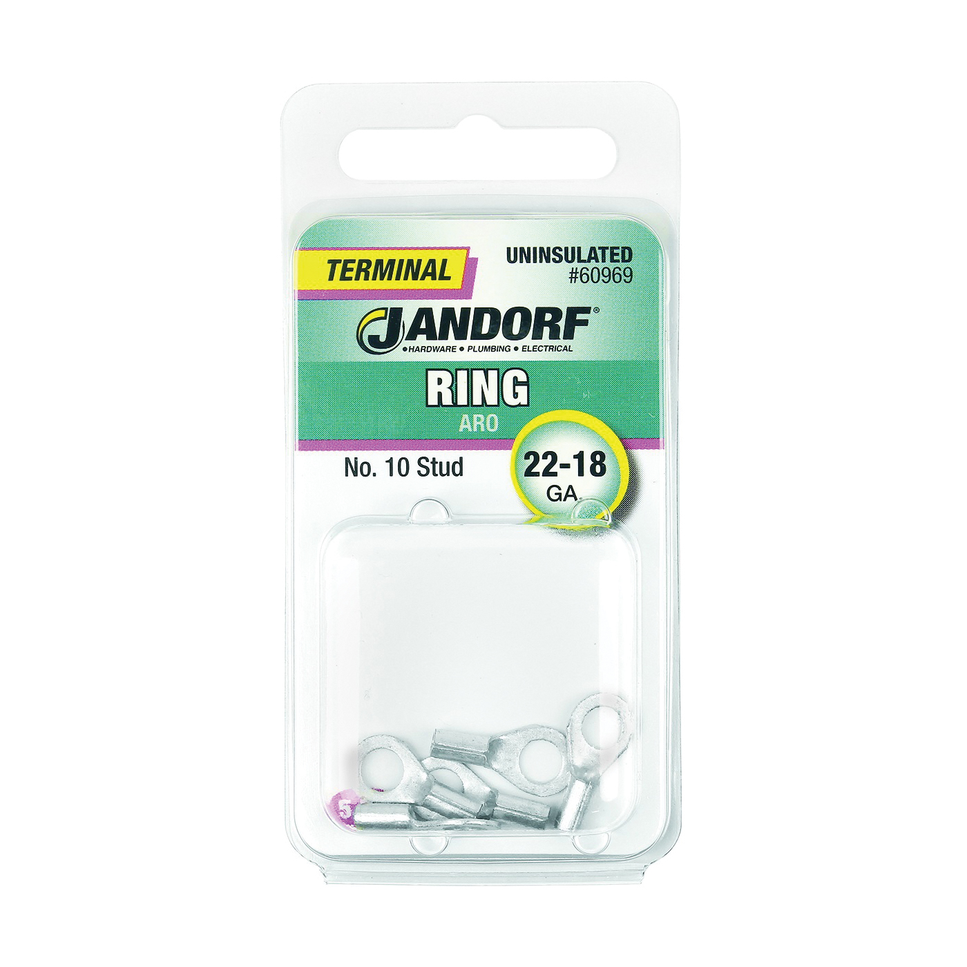 JANDORF® 60969 Non-Insulated Ring Terminal, 22 to 18 AWG Wire, #10 Stud, Copper Contact