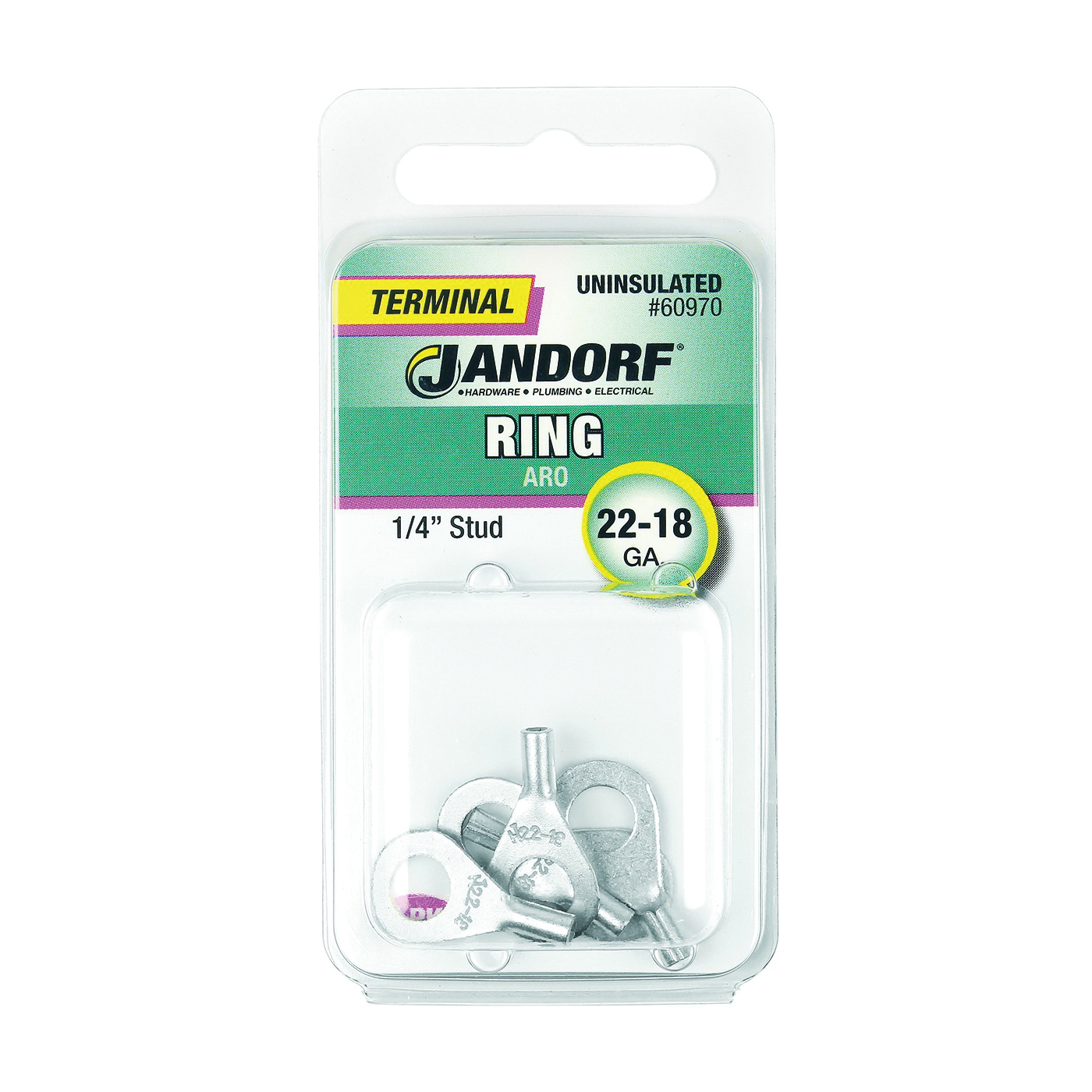 JANDORF® 60970 Non-Insulated Ring Terminal, 22 to 18 AWG Wire, 1/4 in Stud, Copper Contact