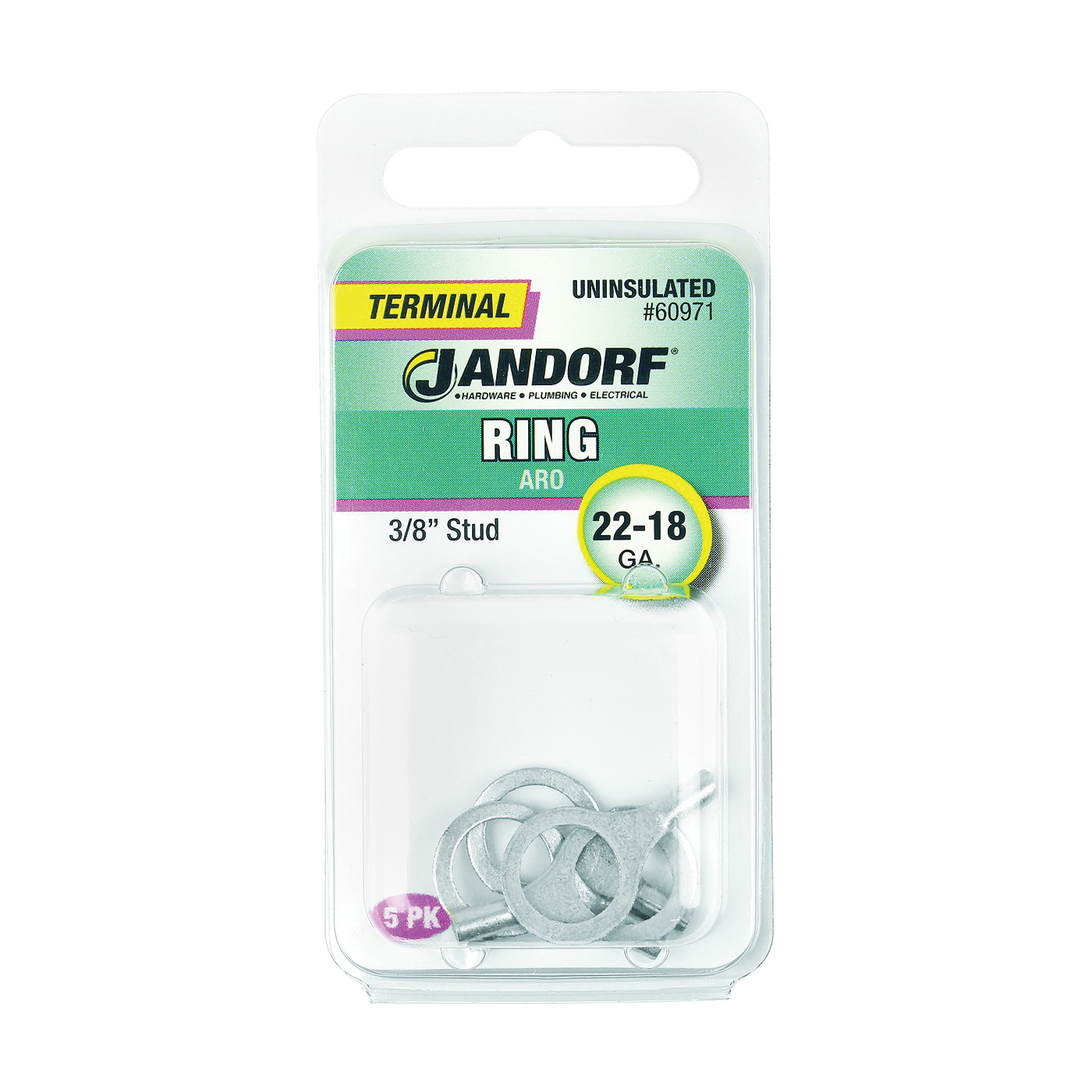 JANDORF® 60971 Non-Insulated Ring Terminal, 22 to 18 AWG Wire, 3/8 in Stud, Copper Contact