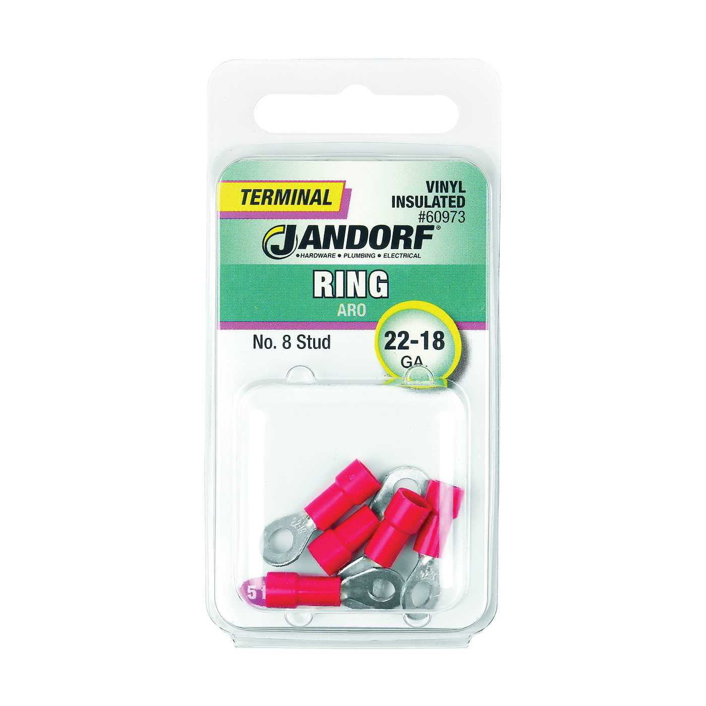 JANDORF® 60973 Ring Terminal, 22 to 18 AWG Wire, #8 Stud, Vinyl Insulation, Copper Contact, Red