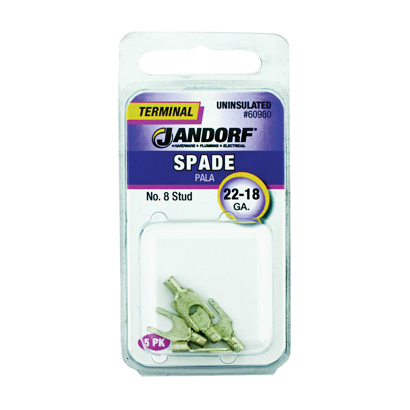 JANDORF® 60980 Non-Insulated Spade Terminal, 600 V, 22 to 18 AWG Wire, #8 Stud, Copper Contact