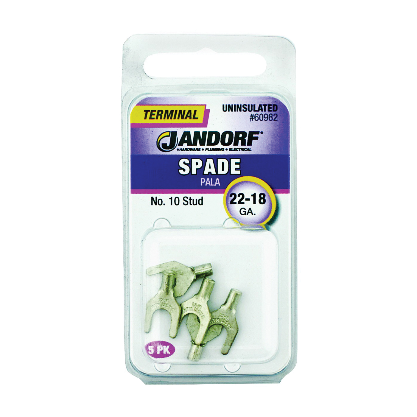 JANDORF® 60982 Non-Insulated Spade Terminal, 600 V, 22 to 18 AWG Wire, #10 Stud, Copper Contact
