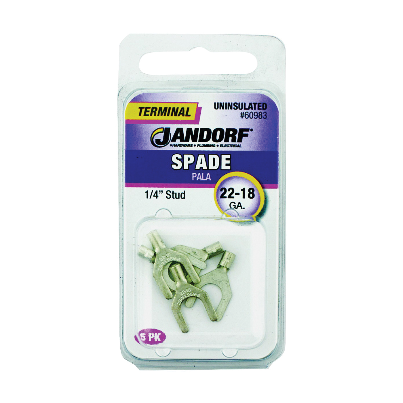 JANDORF® 60983 Non-Insulated Spade Terminal, 600 V, 22 to 18 AWG Wire, 1/4 in Stud, Copper Contact