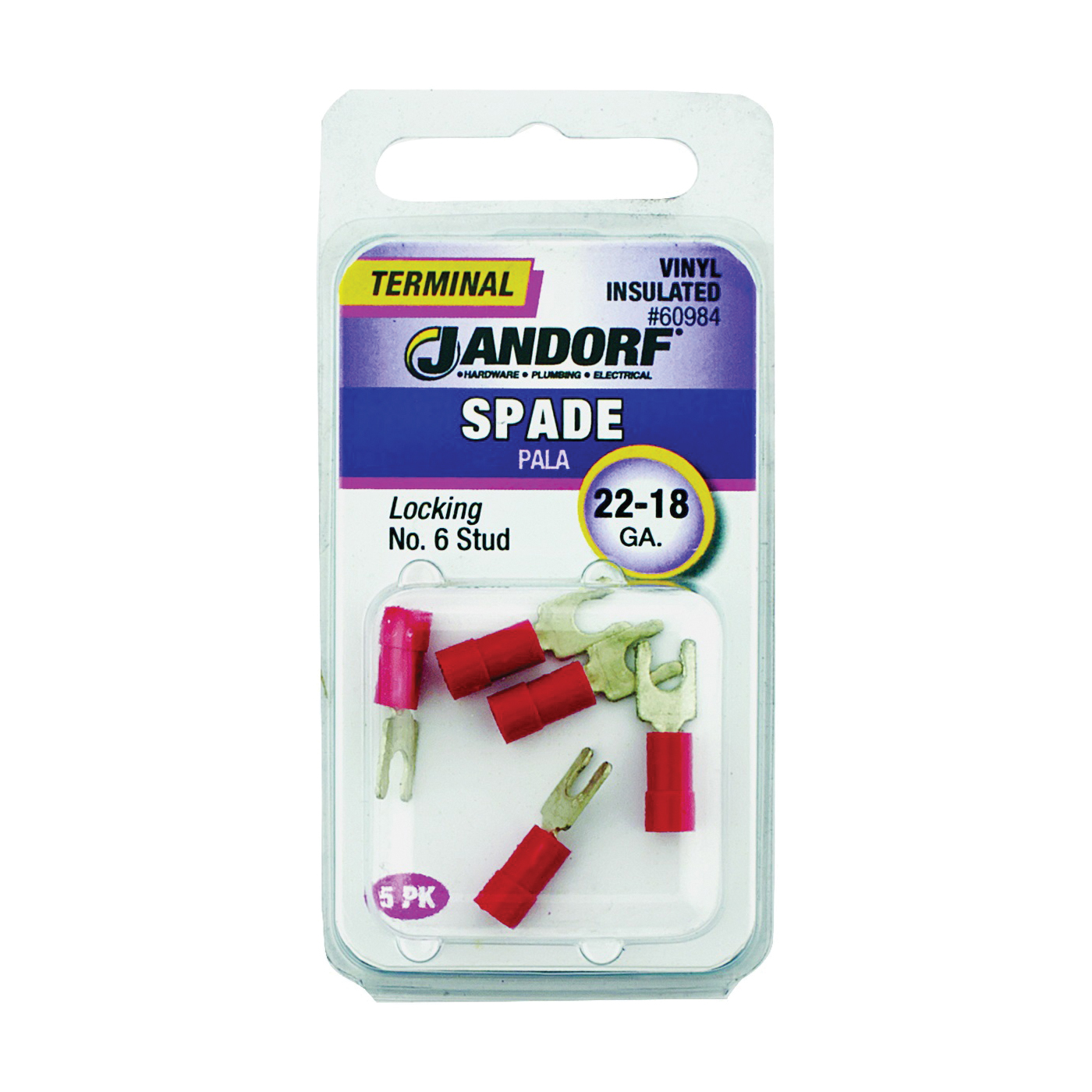 JANDORF® 60984 Locking Spade Terminal, 600 V, 22 to 18 AWG Wire, #6 Stud, Vinyl Insulation, Copper Contact, Red