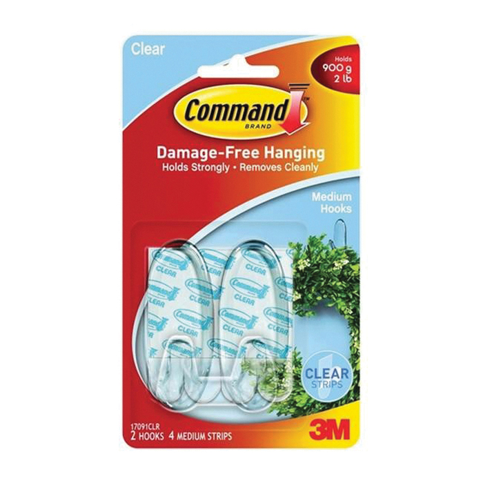 17091CLR Adhesive Hook, 2 lb, 2 -Hook, Plastic, Clear