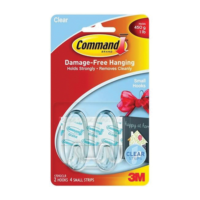 17092CLR Adhesive Hook, 1 lb, 2 -Hook, Plastic, Clear