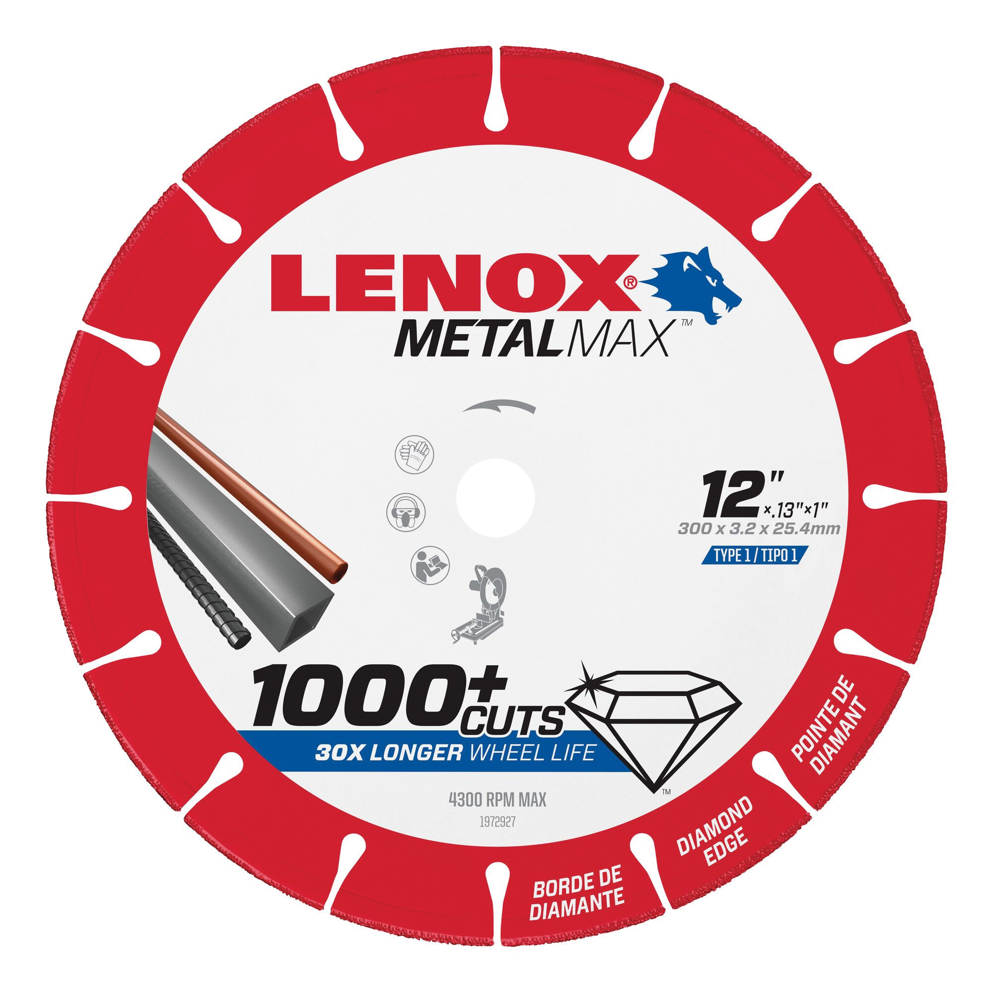 MetalMax 1972927 Cut-Off Wheel, 12 in Dia, 0.13 in Thick, 1 in Arbor, 25, 30 Grit, Diamond Abrasive
