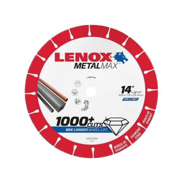 MetalMax 1972929 Cut-Off Wheel, 14 in Dia, 0.13 in Thick, 1 in Arbor, 25, 30 Grit, Diamond Abrasive