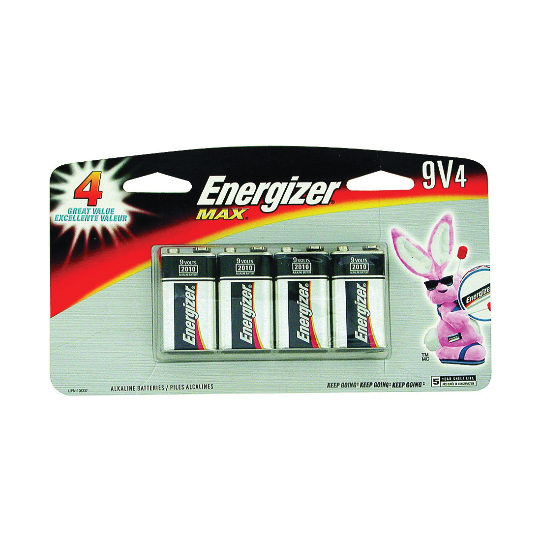 522BP-4H, 9 V Battery, 1.2 V Battery, Alkaline, 4 pk, 5 Year life