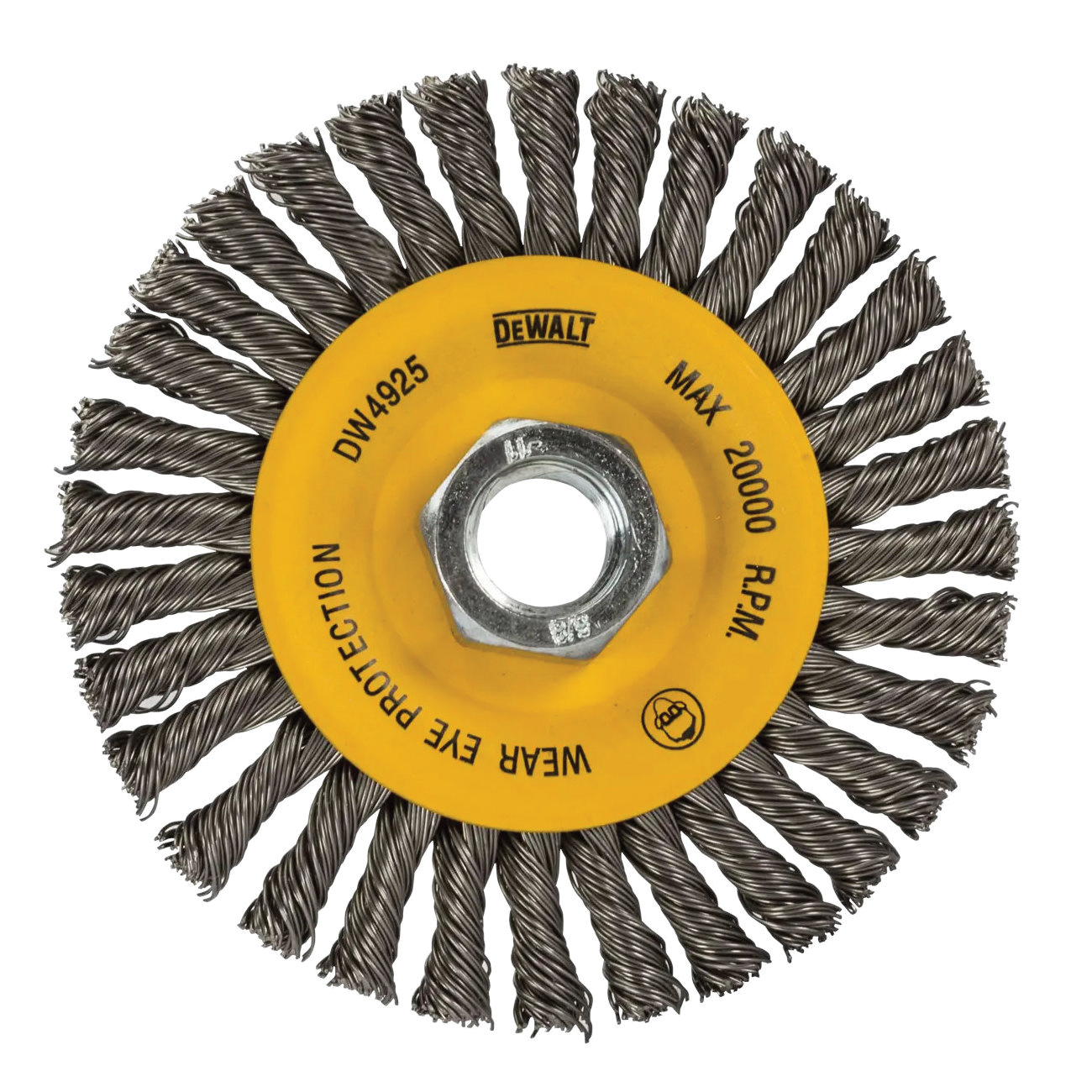 HP DW4925 Wire Wheel Brush, 4 in Dia, 5/8-11 Arbor/Shank, Twisted Bristle, 0.02 in Dia Bristle