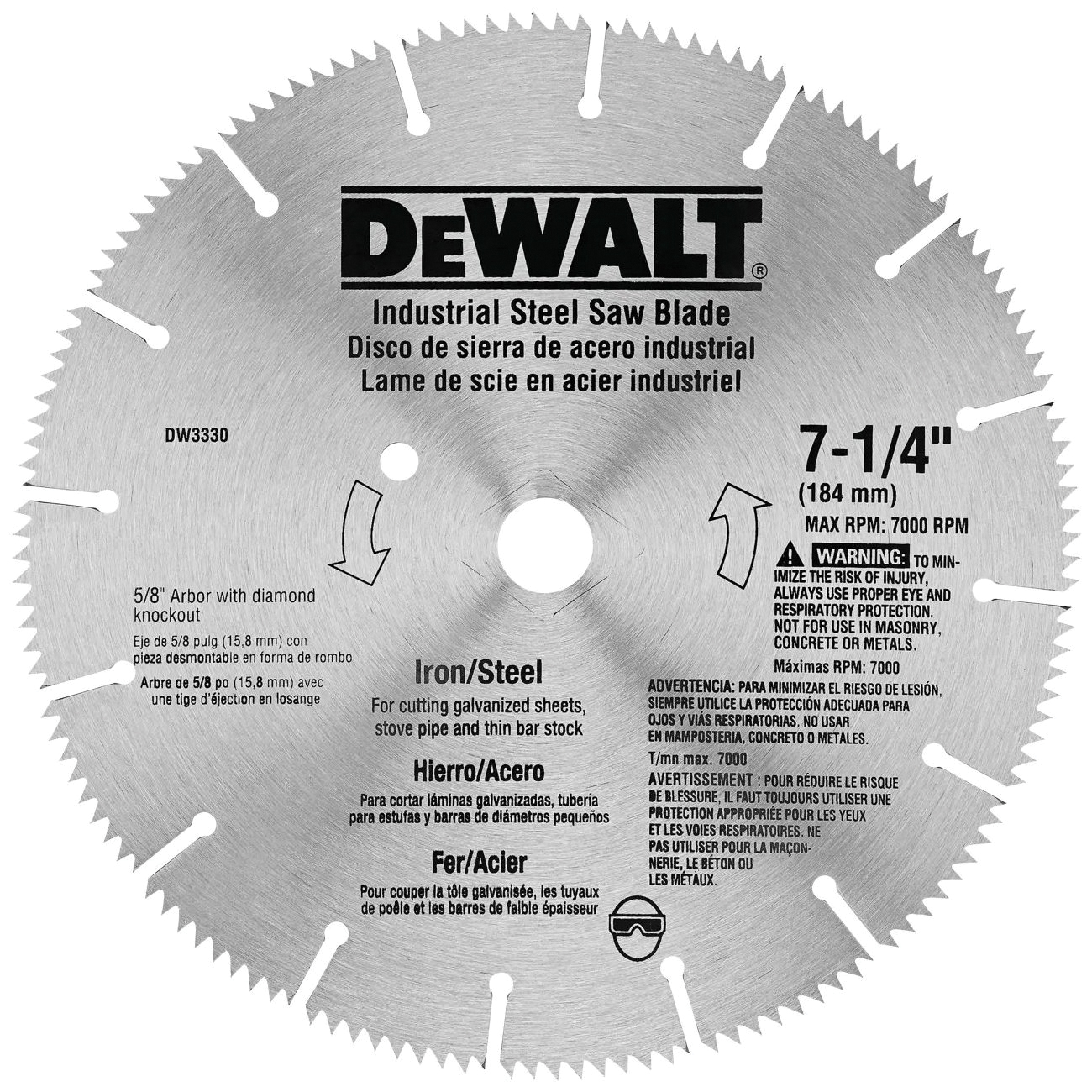 DW3330 Saw Blade, Metal, 7-1/4 in Dia, 5/8 in Arbor, 16-Teeth, Steel Cutting Edge