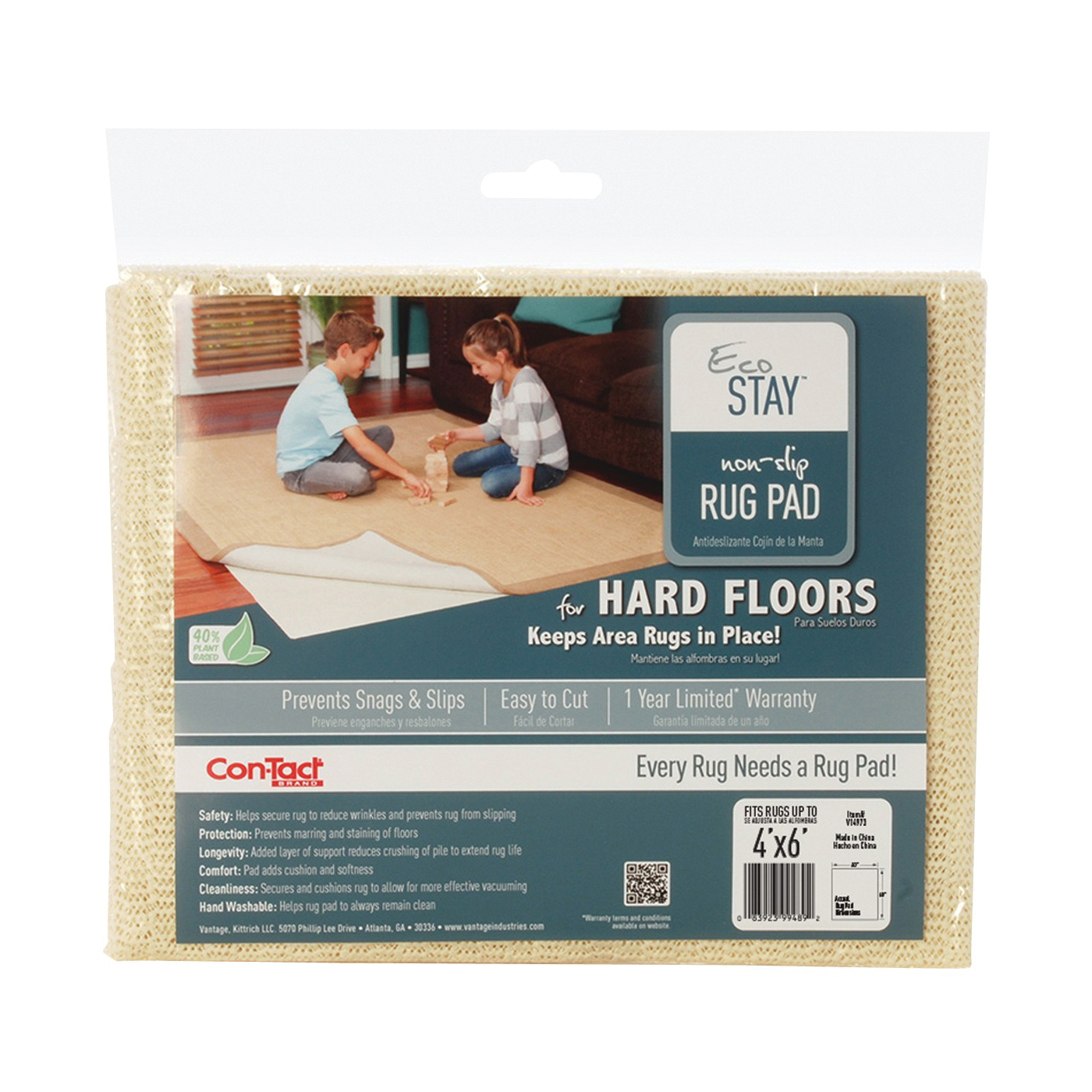 V14973 Non-Slip Rug Pad, 6 ft L, 4 ft W, Rectangular, Polyester