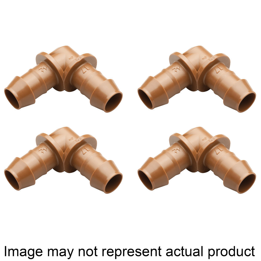 BE50/4PK Drip Irrigation Elbow, 1/2 in Connection, Barbed, Plastic, Brown