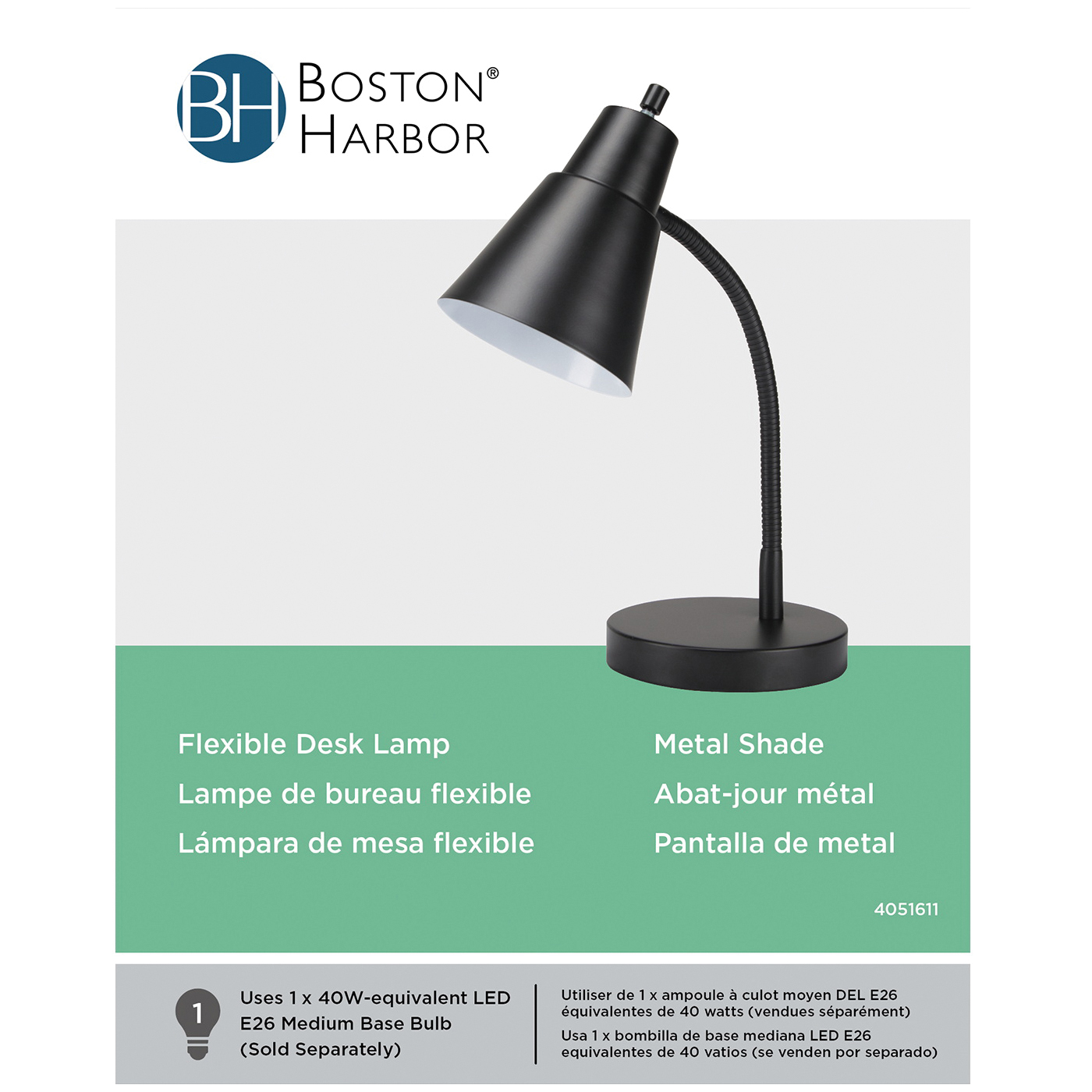 Boston Harbor TL-TB-170-BK-3L Flexible Desk Lamp, 120 V, 60 W, 1-Lamp, CFL Lamp, Black Fixture, Black - 2