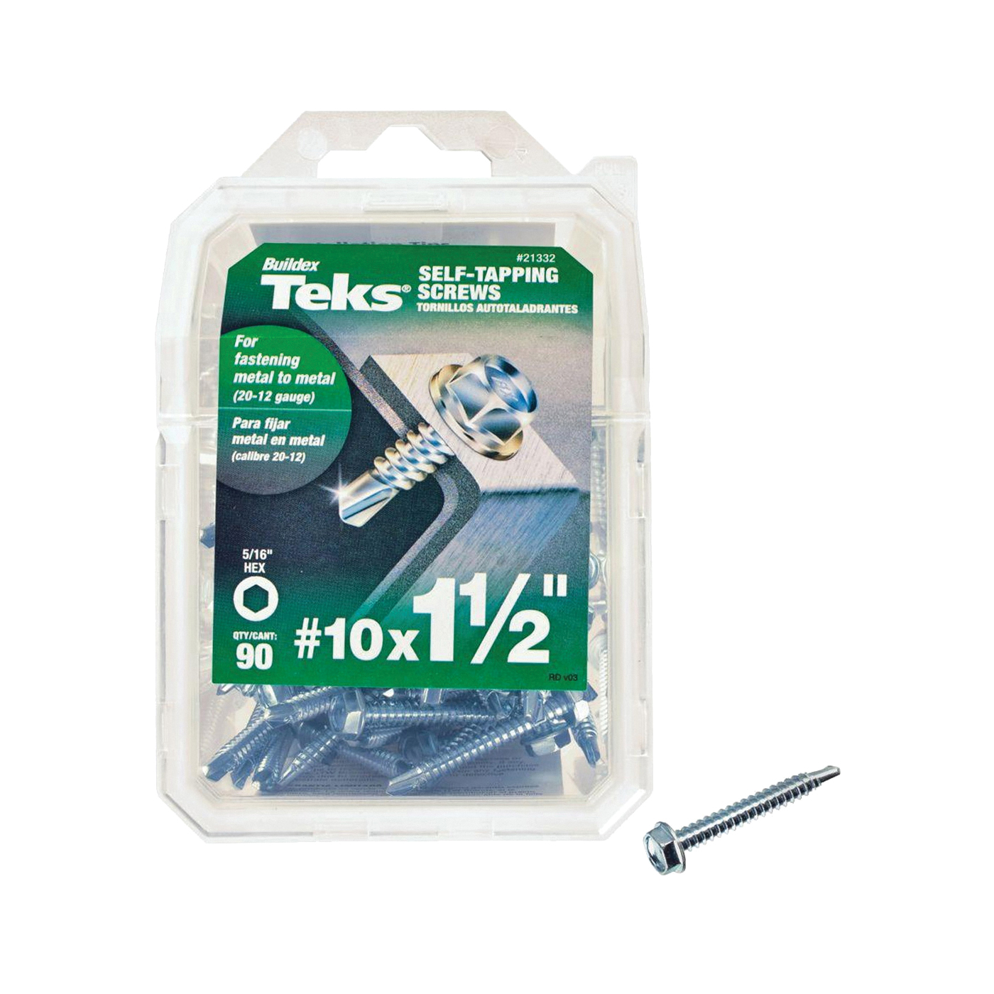 Teks 21308 Screw, #8 Thread, 1/2 in L, Coarse Thread, Hex Drive, Self-Drilling, Self-Tapping Point, Steel, Zinc, 280 PK - 1
