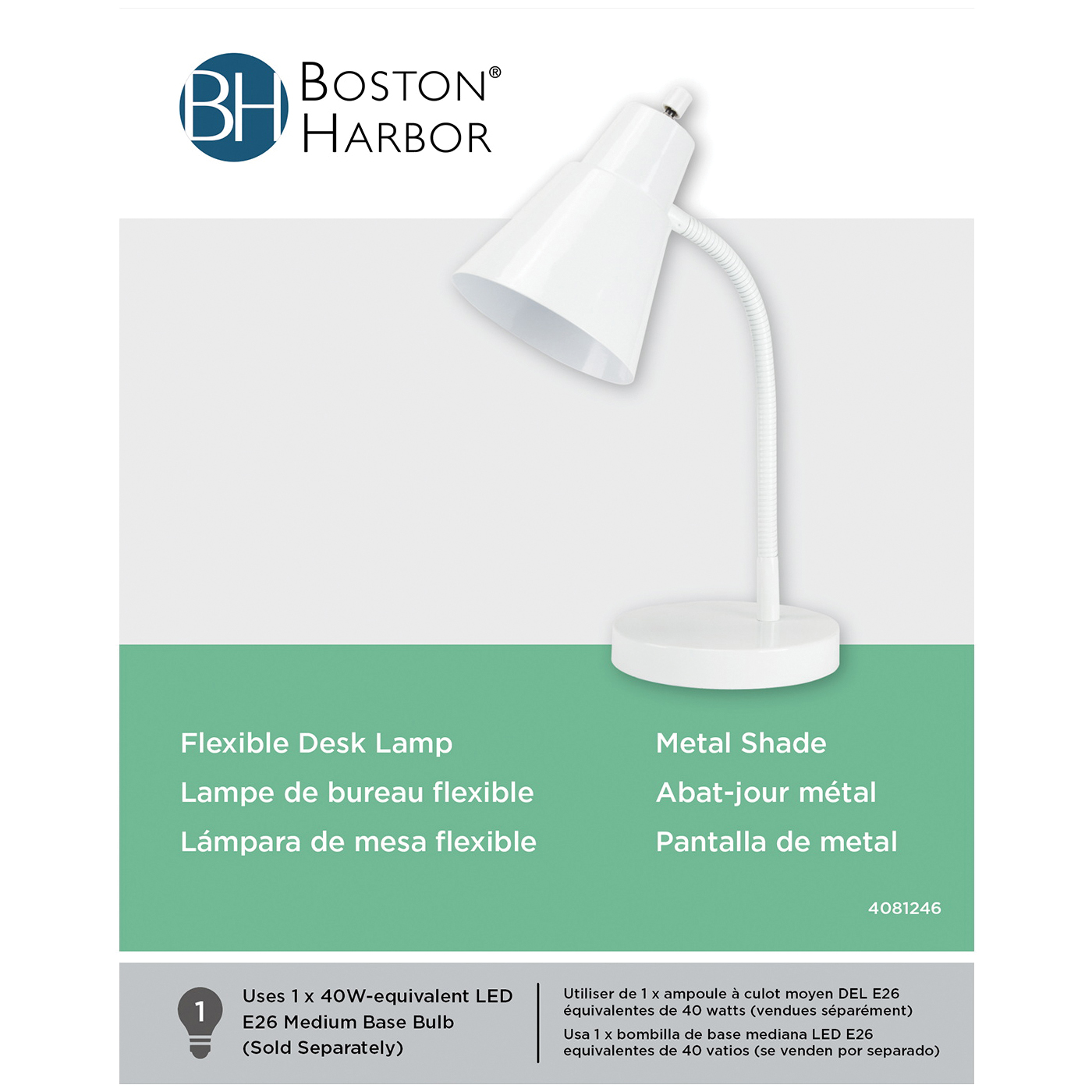 Boston Harbor TL-TB-170-WH-3L Flexible Desk Lamp, 120 V, 60 W, 1-Lamp, CFL Lamp, White Fixture, White - 2