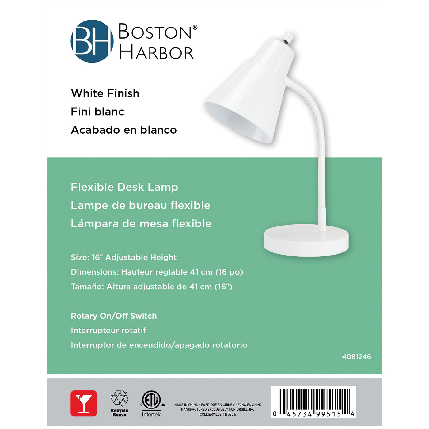Boston Harbor TL-TB-170-WH-3L Flexible Desk Lamp, 120 V, 60 W, 1-Lamp, CFL Lamp, White Fixture, White - 3