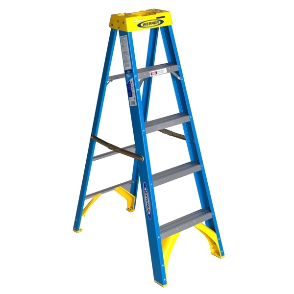 WERNER 6005  5 ft. Step Ladder, 9 ft. Max Reach, 4-Step, 250 lb, Type I Duty Rating, Fiberglass
