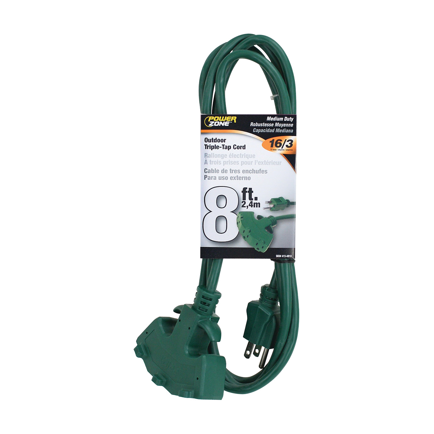 ORY605608 Extension Cord, 16 AWG Cable, 8 ft L, 5-15P Grounded Plug Plug, 3-Socket, 13 A, 125 V, Green