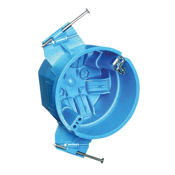 BH525P Ceiling Box, L Bracket, Nail Mounting, 4 in W, 4 in D, 3 in H, 1-Gang, PVC, Blue