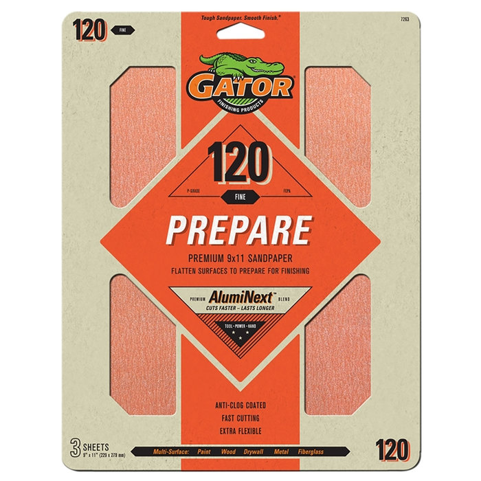 AlumiNext 7263 Sanding Sheet, 11 in L, 9 in W, 120 Grit, Fine, Aluminum Oxide Abrasive