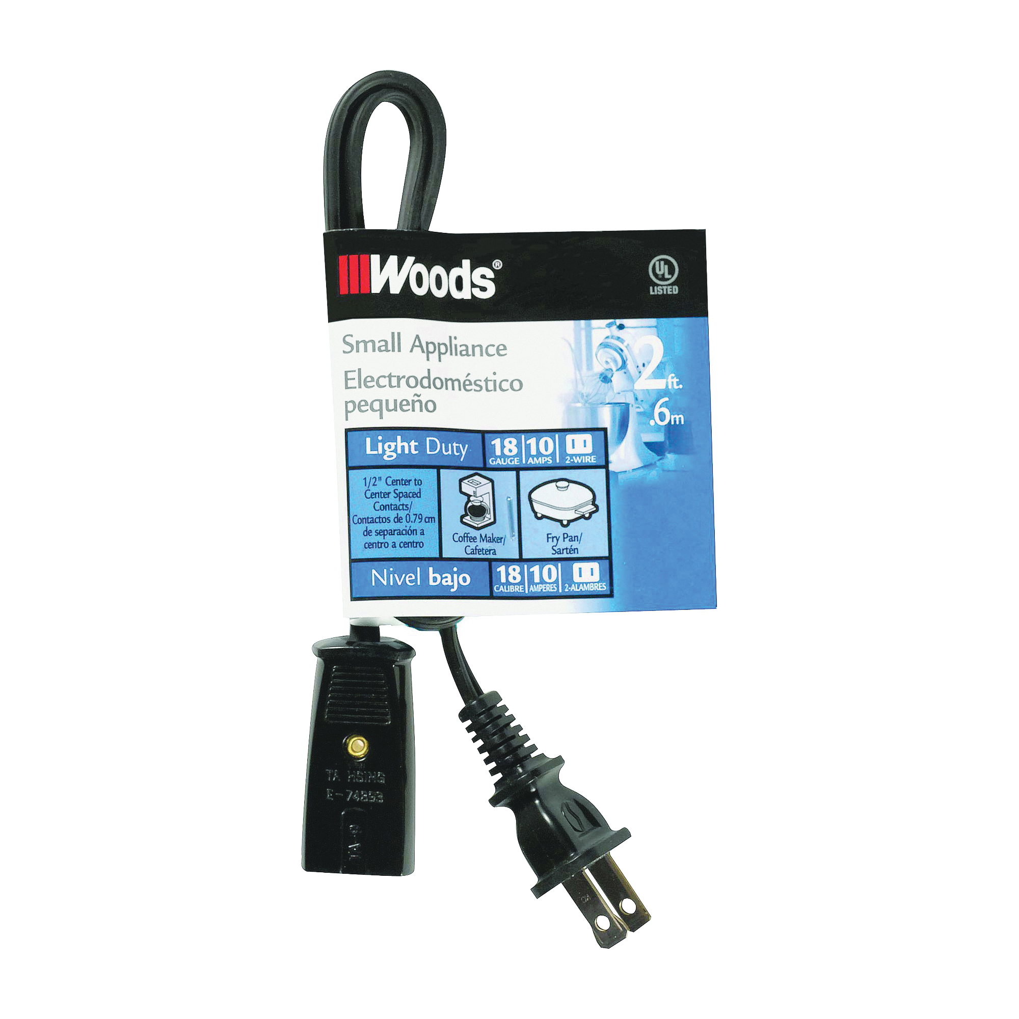 0293 Extension Cord, 2 ft L, 10 A, 125 V, Black