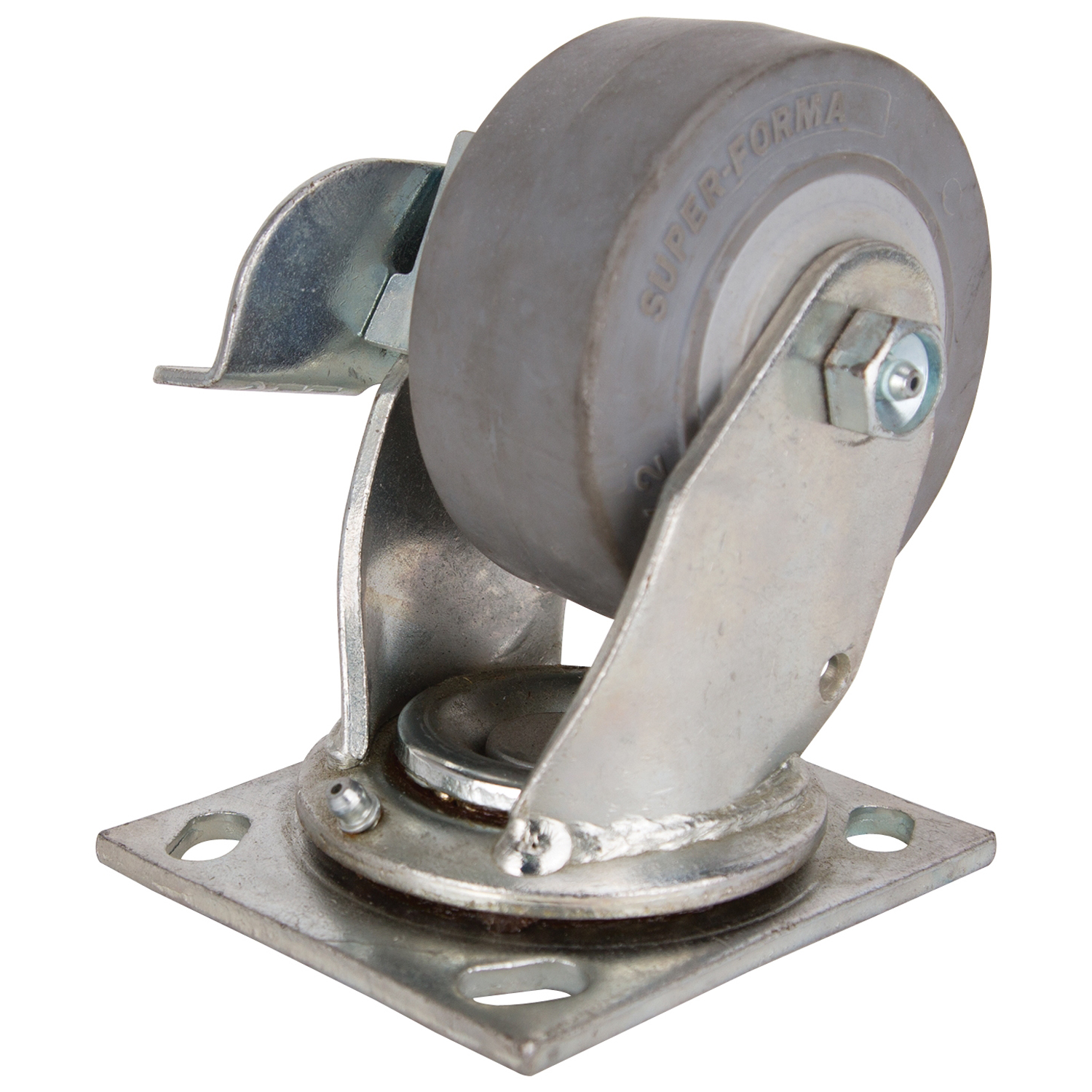 JC-T02 Swivel/Brake Caster, 4 in Dia Wheel, 2 in W Wheel, Thermoplastic Rubber Wheel, Gray, 350 lb