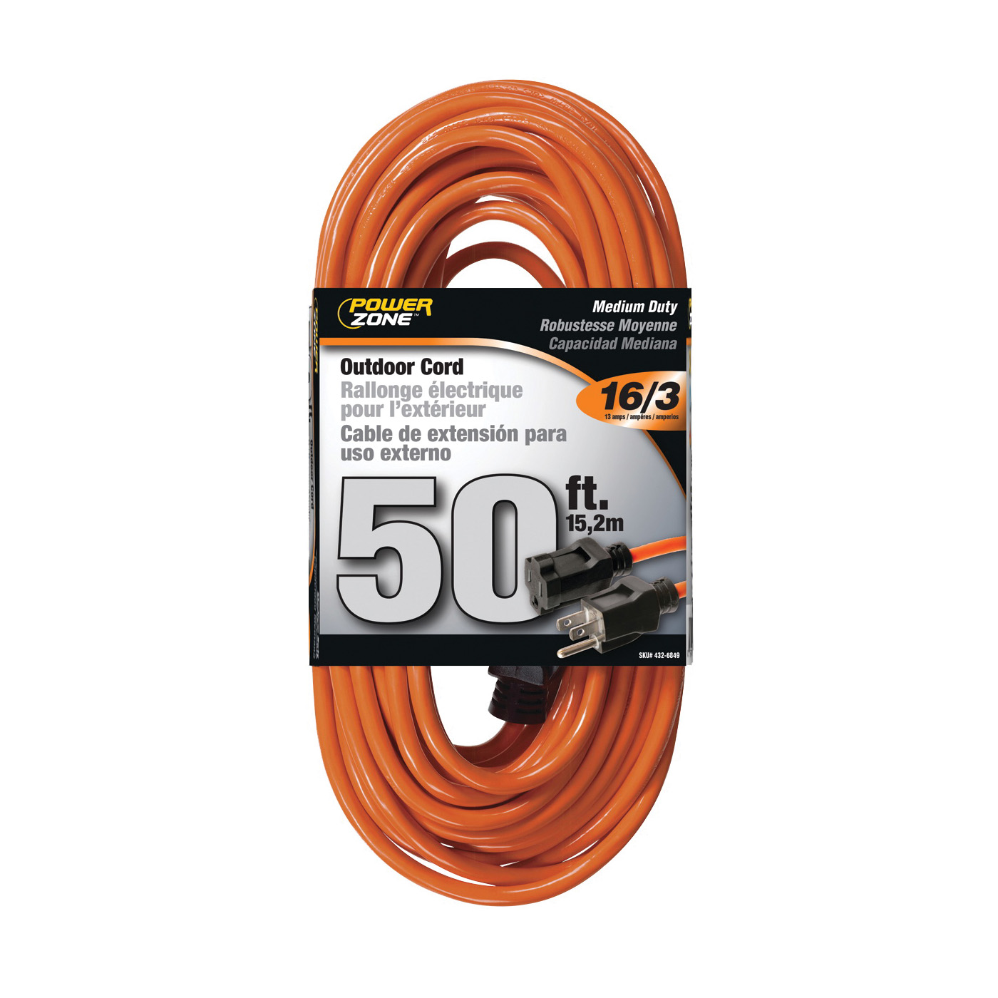 PowerZone OR501630 Extension Cord, 16 AWG Cable, 5-15P Grounded Plug, 5-15R Grounded Receptacle, 50 ft L, 125 V - 1