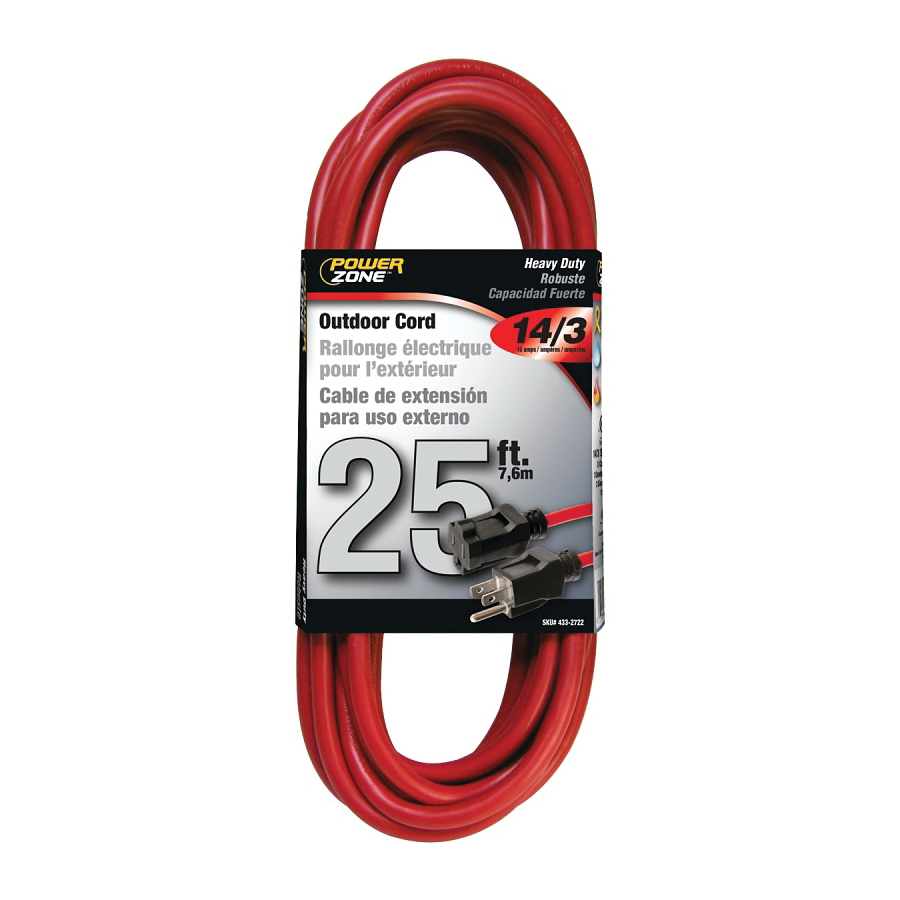 OR514725/506725 Extension Cord, 14 AWG Cable, 25 ft L, 125 V, Red
