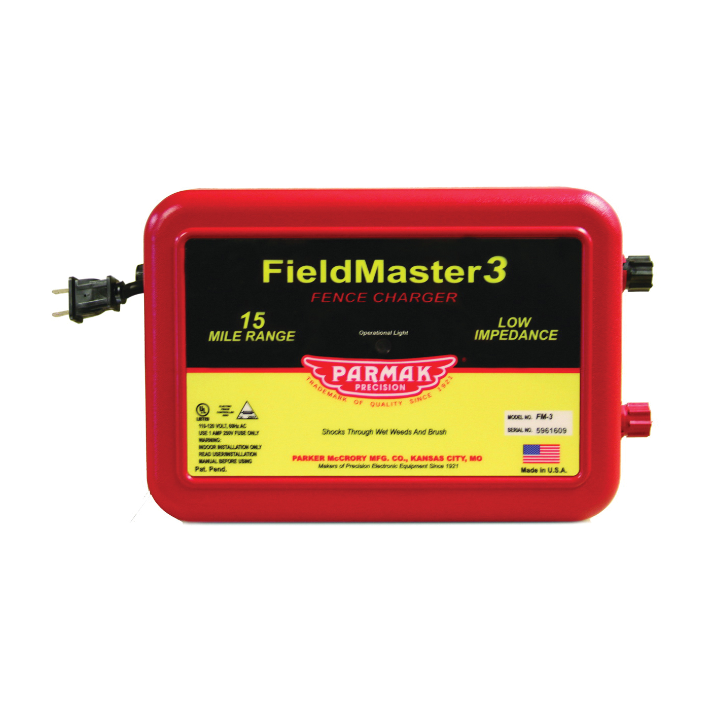 VM3/FM3 Electric Fence Charger, 0.99 to 2.5 J Output Energy, 110/120 V, 15 mile Fence Distance