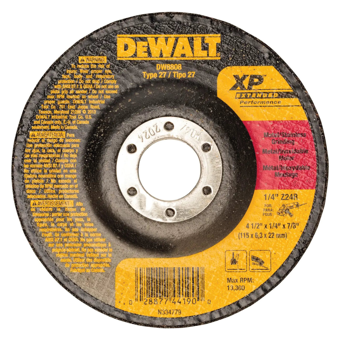 DW4523 Grinding Wheel, 4-1/2 in Dia, 1/4 in Thick, 5/8-11 Arbor, 24 Grit, Very Coarse, Aluminum Oxide Abrasive