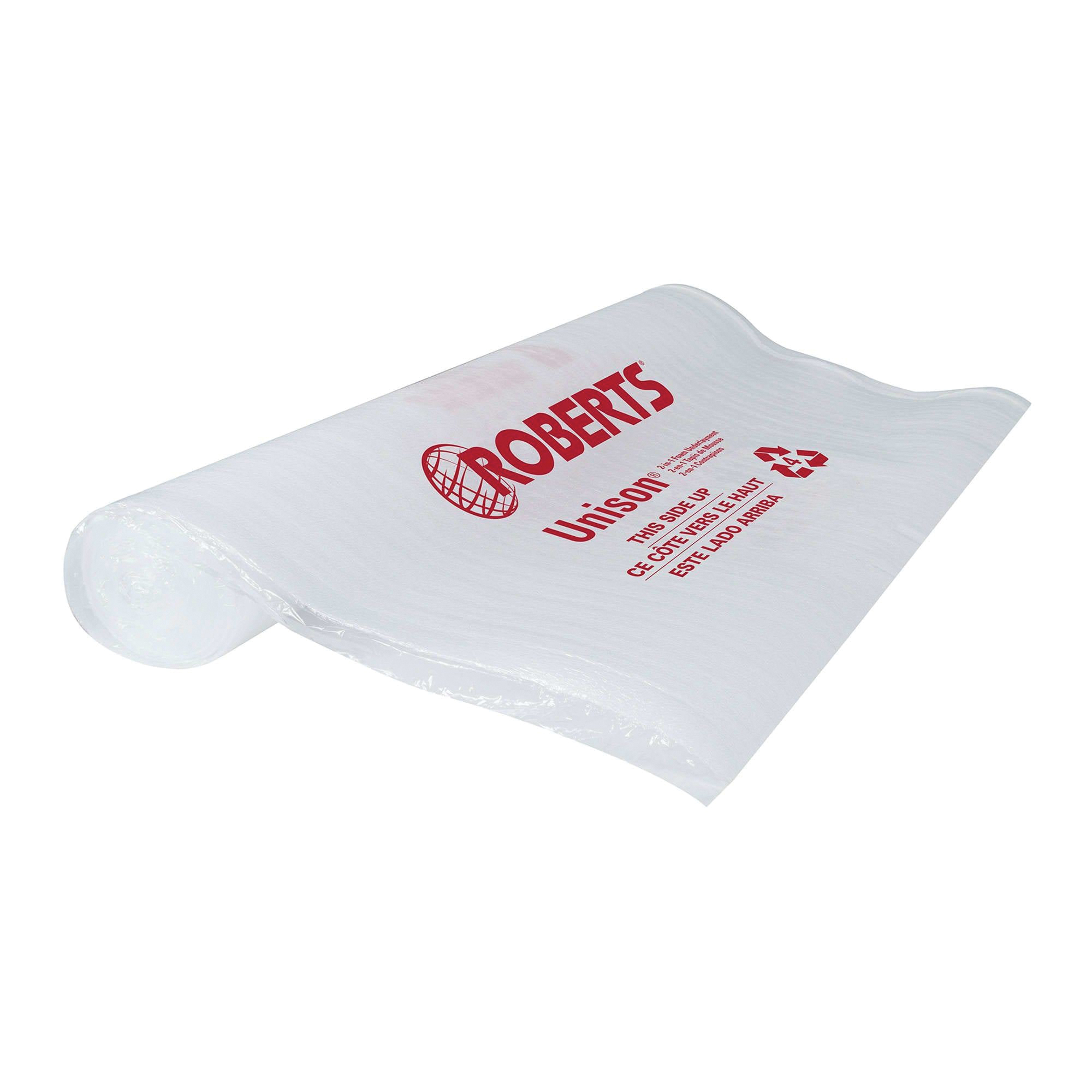 Unison 70-025 2-in-1 Underlayment, 100 sq-ft Coverage Area, 25 ft L, 48 in W, 3/32 in Thick, Polyethylene, White