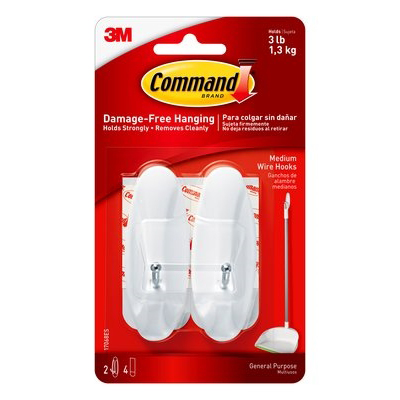 Command 17068 Wire Hook, 0.3 in Opening, 3 lb, 2-Hook, Metal/Plastic, White - 2