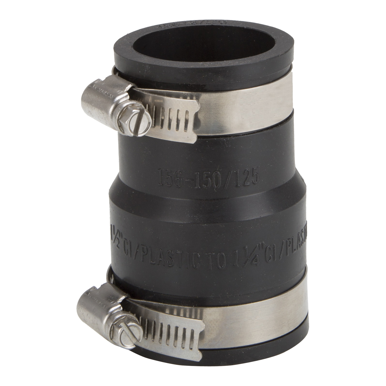 FC56-15125 Coupling, 1-1/2 x 1-1/4 in, Cast Iron, Plastic and Steel Drain Pipes, Rubber/Stainless Steel, Black
