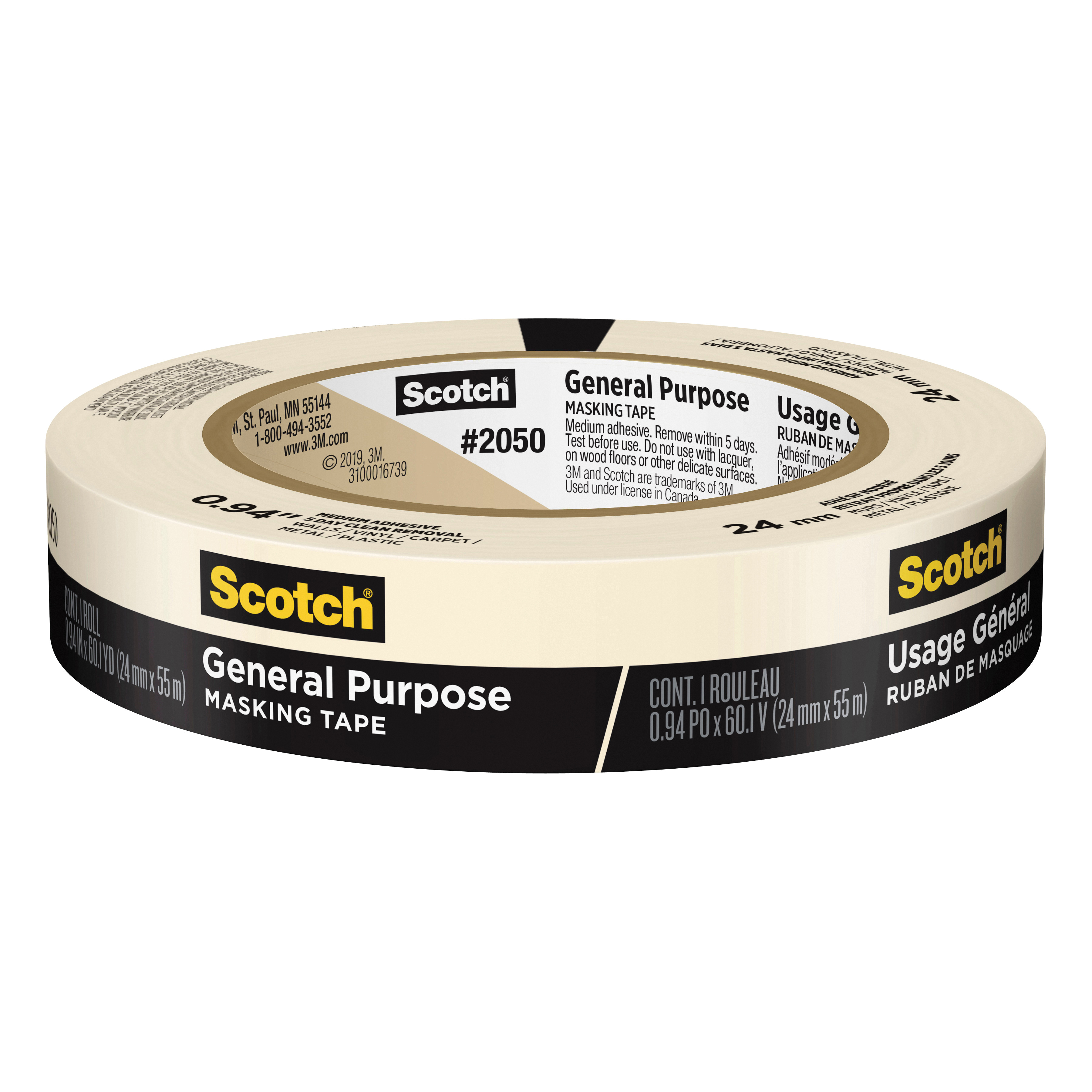 20501.5 Masking Tape, 60.1 yd L, 1-1/2 in W, 4.4 mil Thick, Paper Backing, Beige