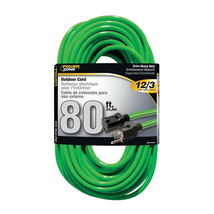 ORN512833 Extension Cord, 12 AWG Cable, 80 ft L, 15 A, 125 V, Neon Green