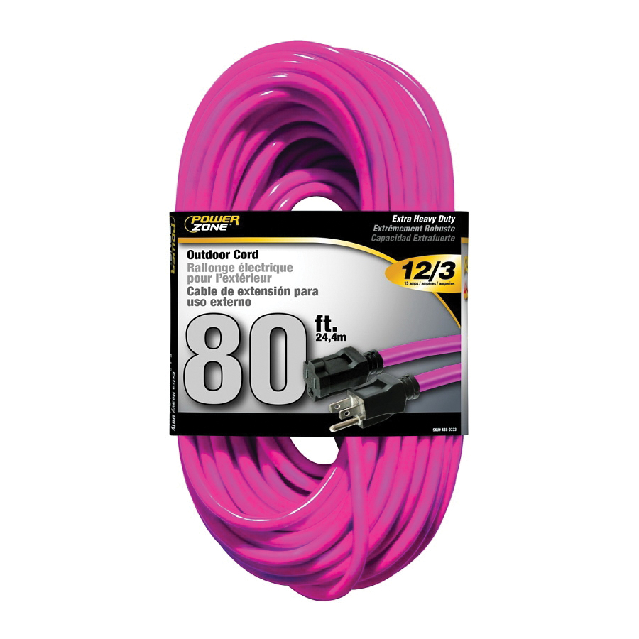 ORN513833 Extension Cord, 12 AWG Cable, 80 ft L, 15 A, 125 V, Neon Pink