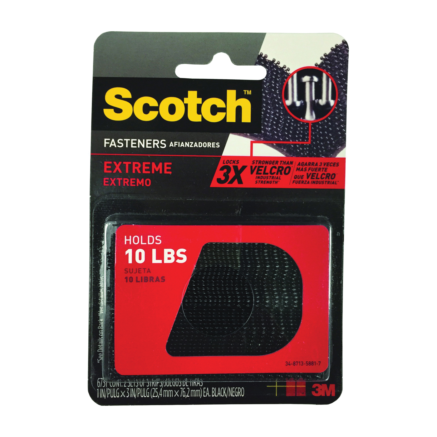 Scotch RF6731 Fastener, 1 in W, 3 in L, Black, 10 lb, Acrylic Adhesive - 1